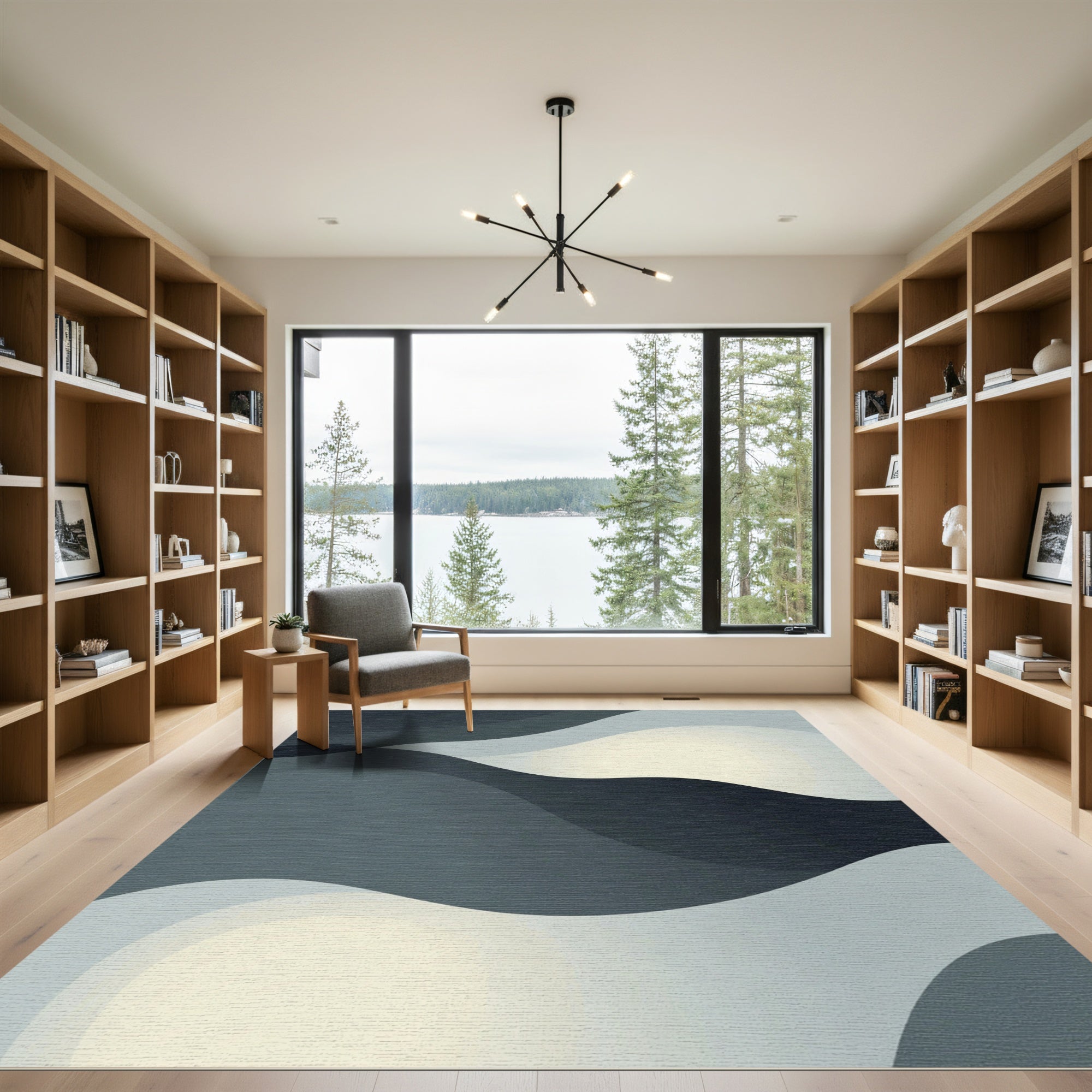 Modern Grey Gradient Flowing Curves Rug