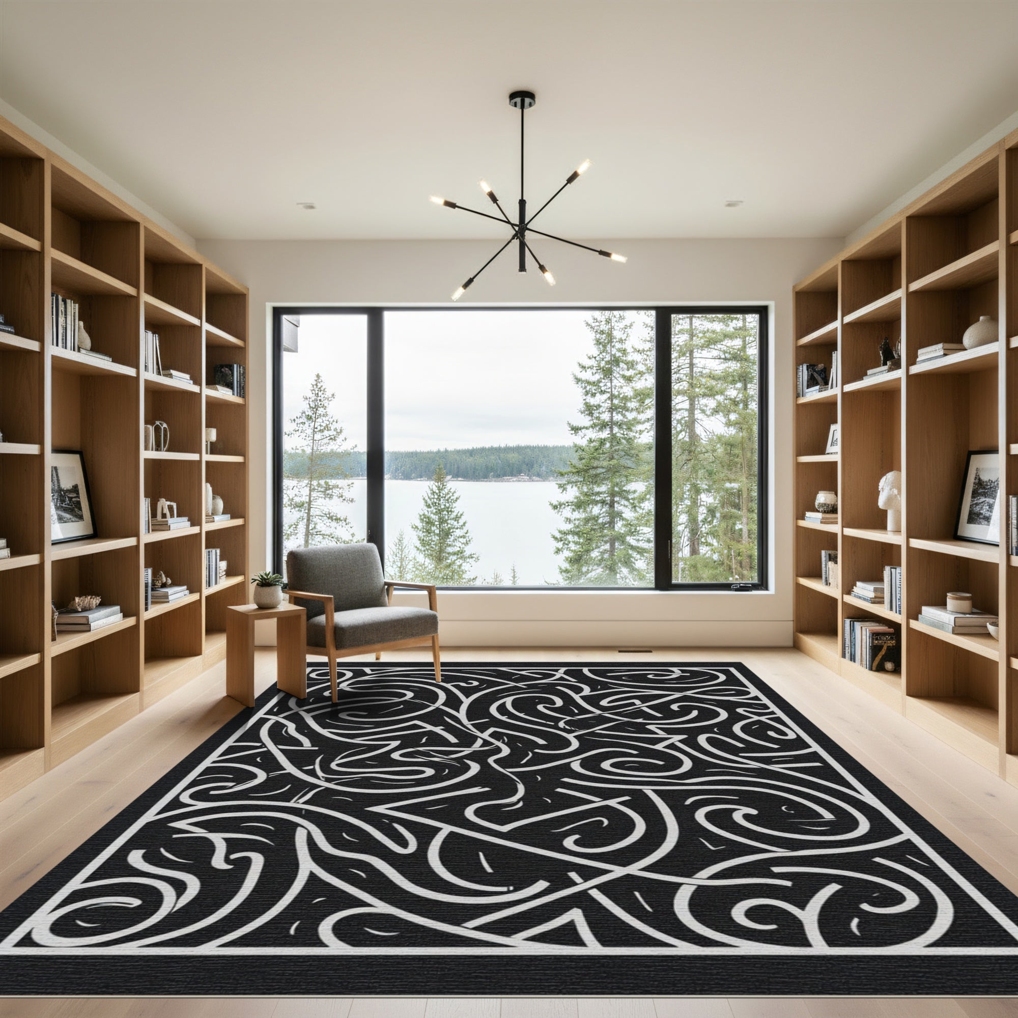 Black White Swirl Overlap Abstract Rug