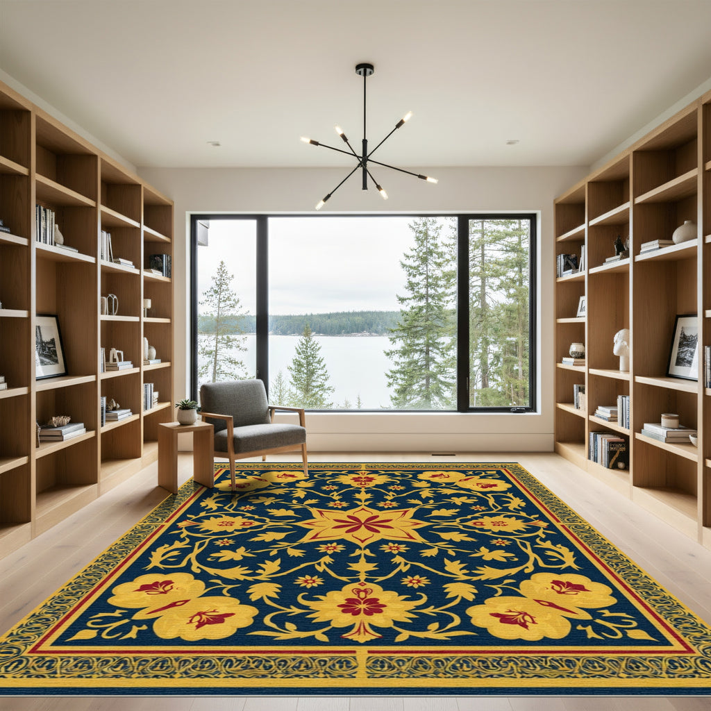 Deep Blue Golden Floral Blossom Medallion Rug