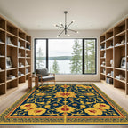 Deep Blue Golden Floral Blossom Medallion Rug