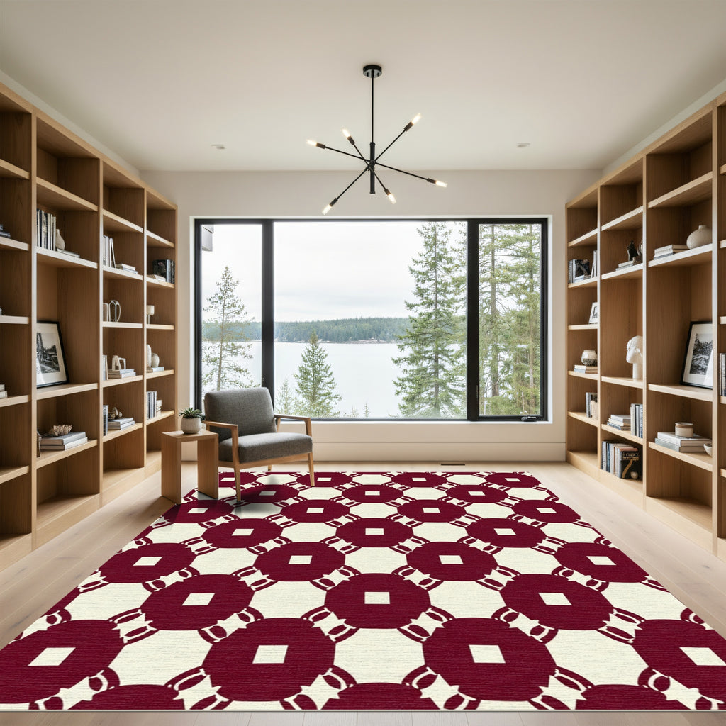Crimson White Linked Square Medallion Rug