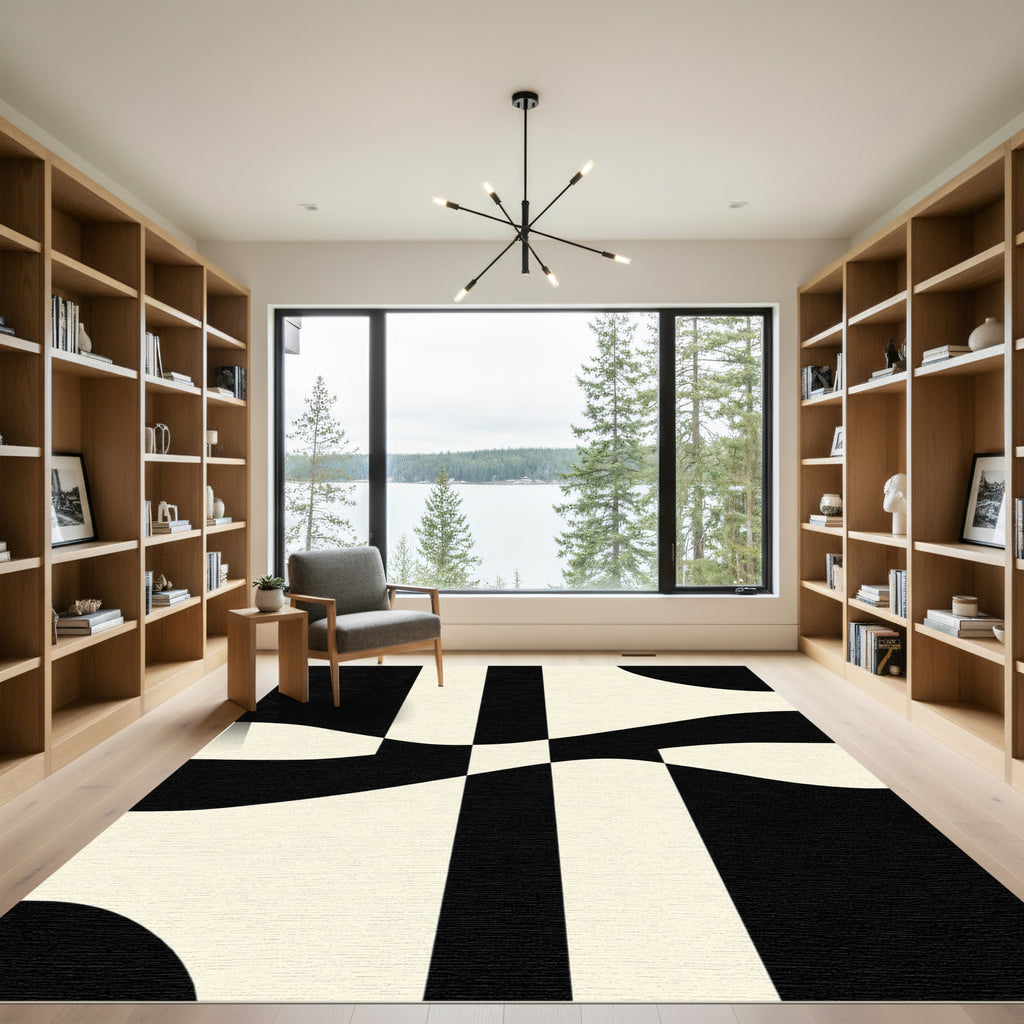 Modern Cream Black Interlocking Waves Rug