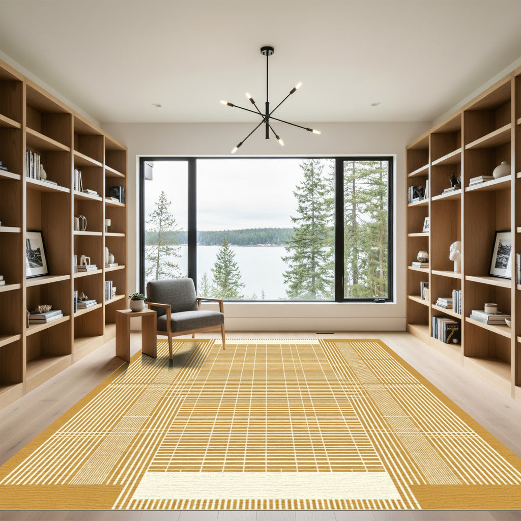 Gold Abstract Horizontal Vertical Lines Rug