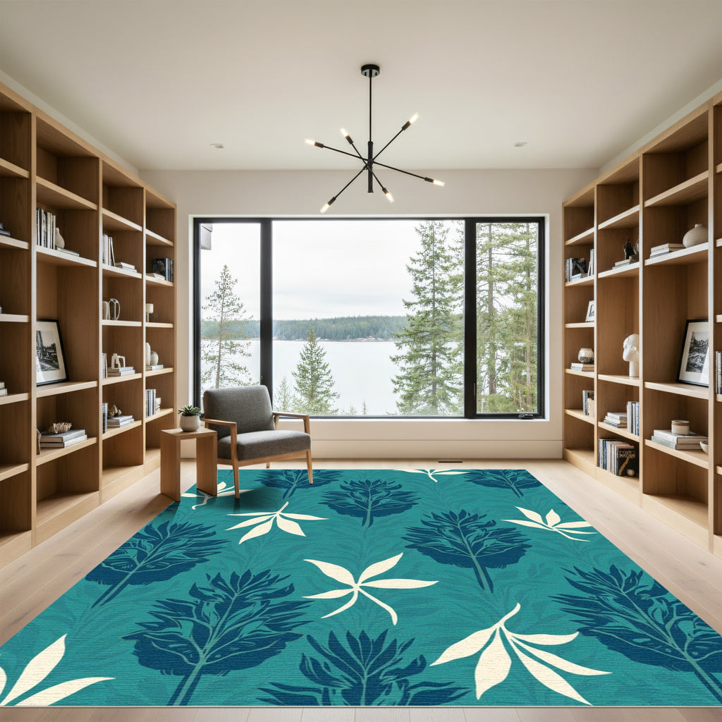 Teal Navy Botanical Foliage Composition Rug