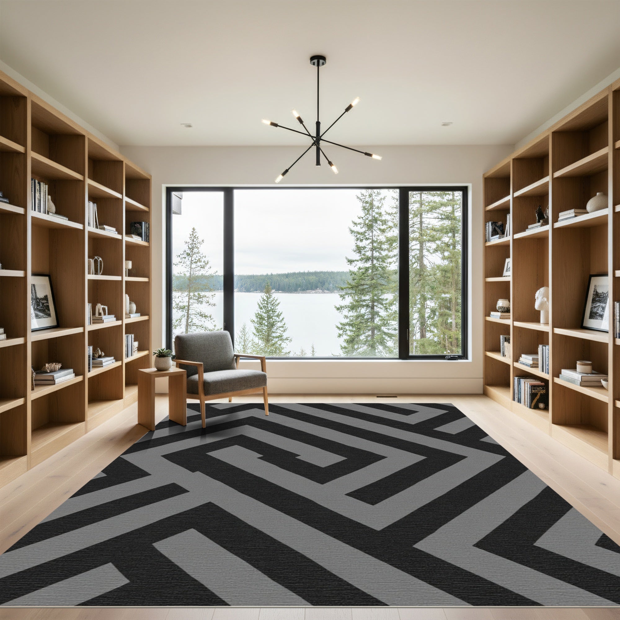 Bold Black Gray Geometric Labyrinth Rug