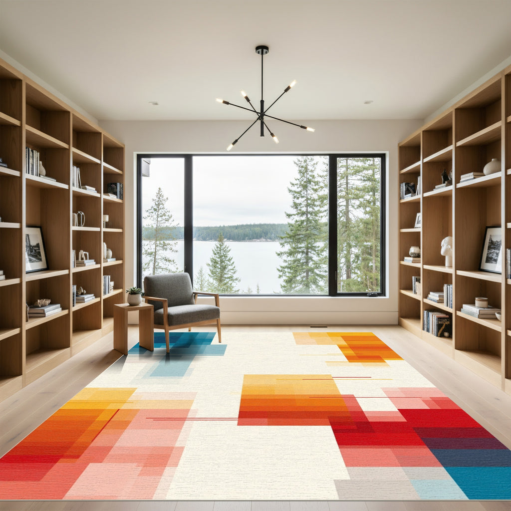 Geometric Blocks Of Blue Orange Red Rug