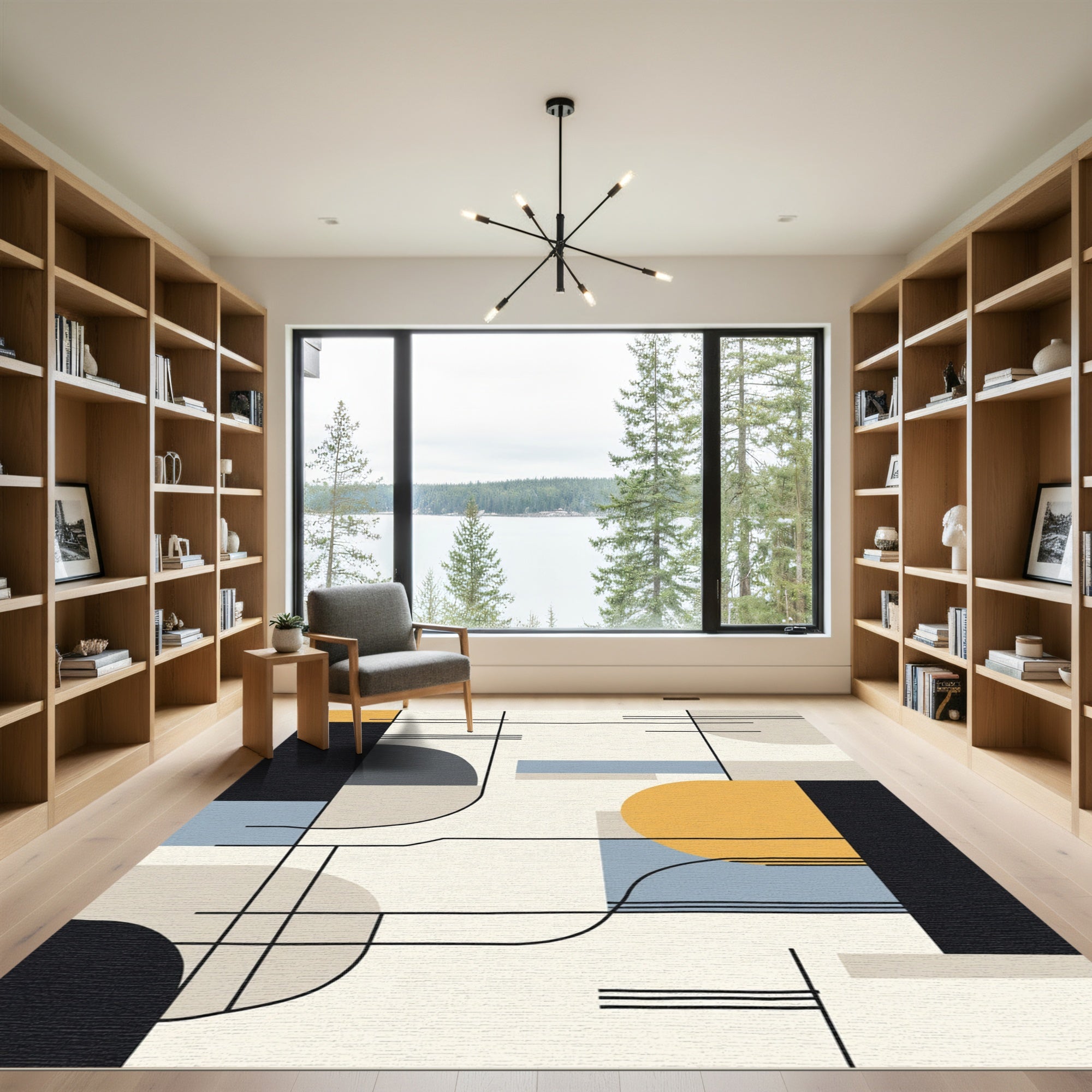 Modern Geometric Gold Blue Black Rug