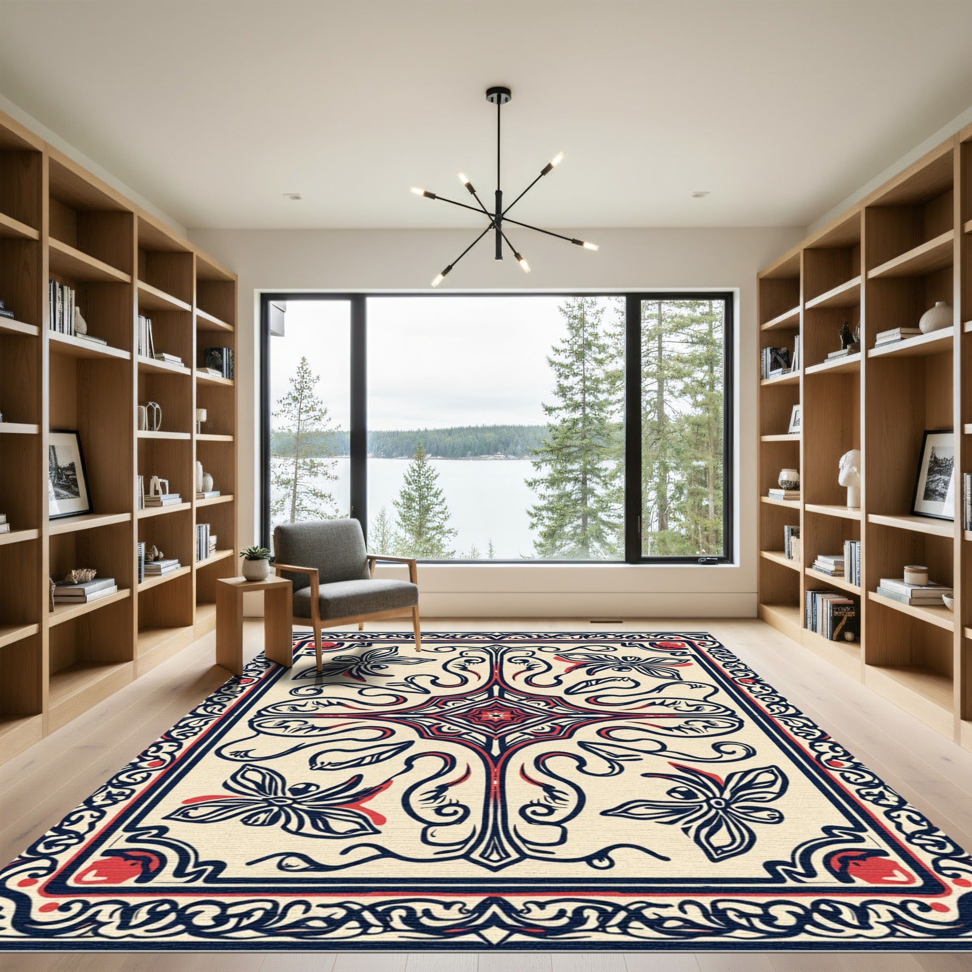 Elegant Ivory Red Butterfly Swirl Rug