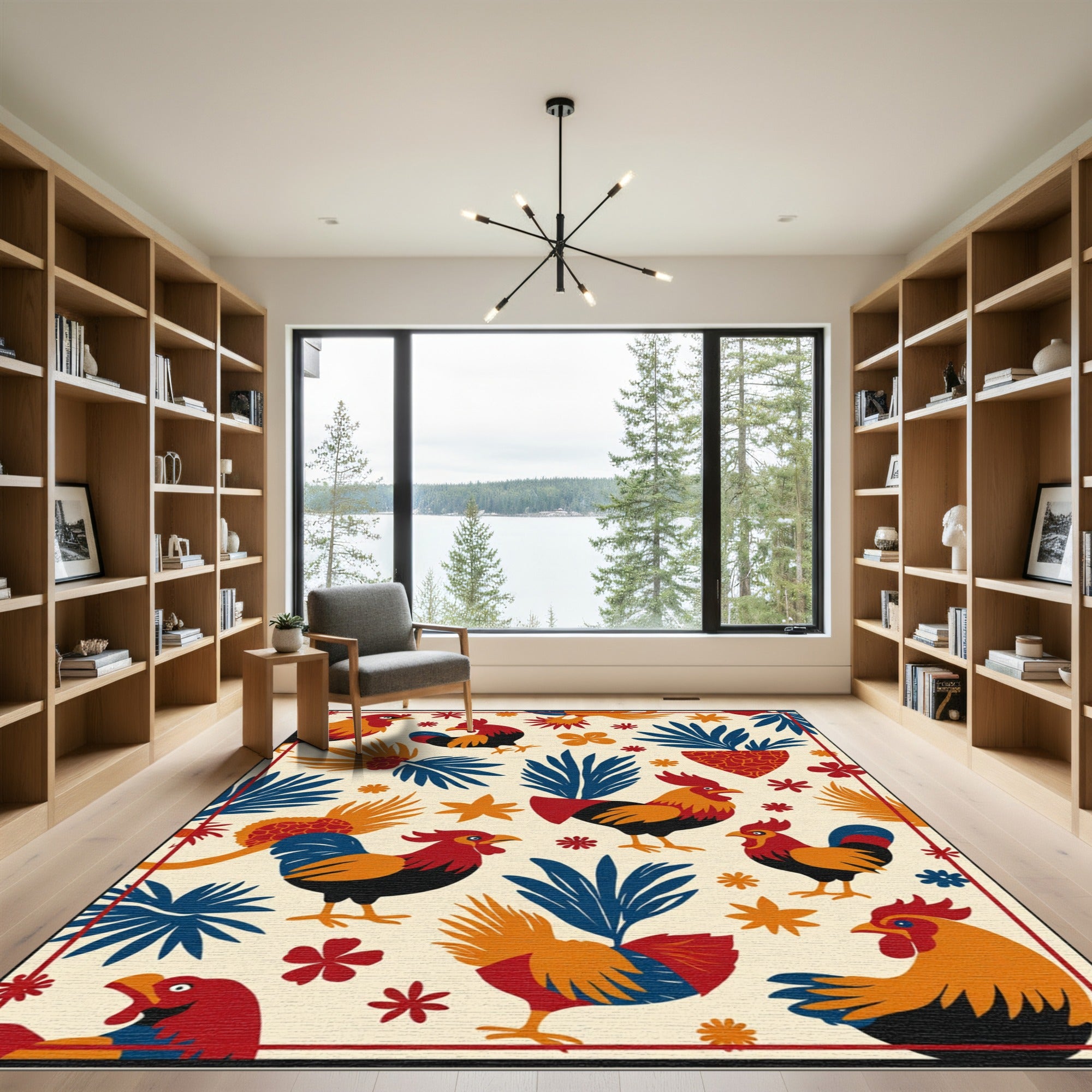 Bold Rooster Red Blue Orange FloralRug Rug