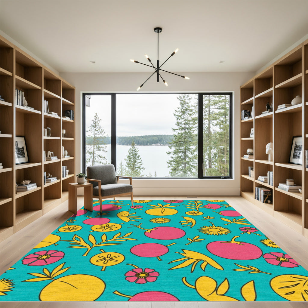 Pink Yellow Floral Aqua Background Rug