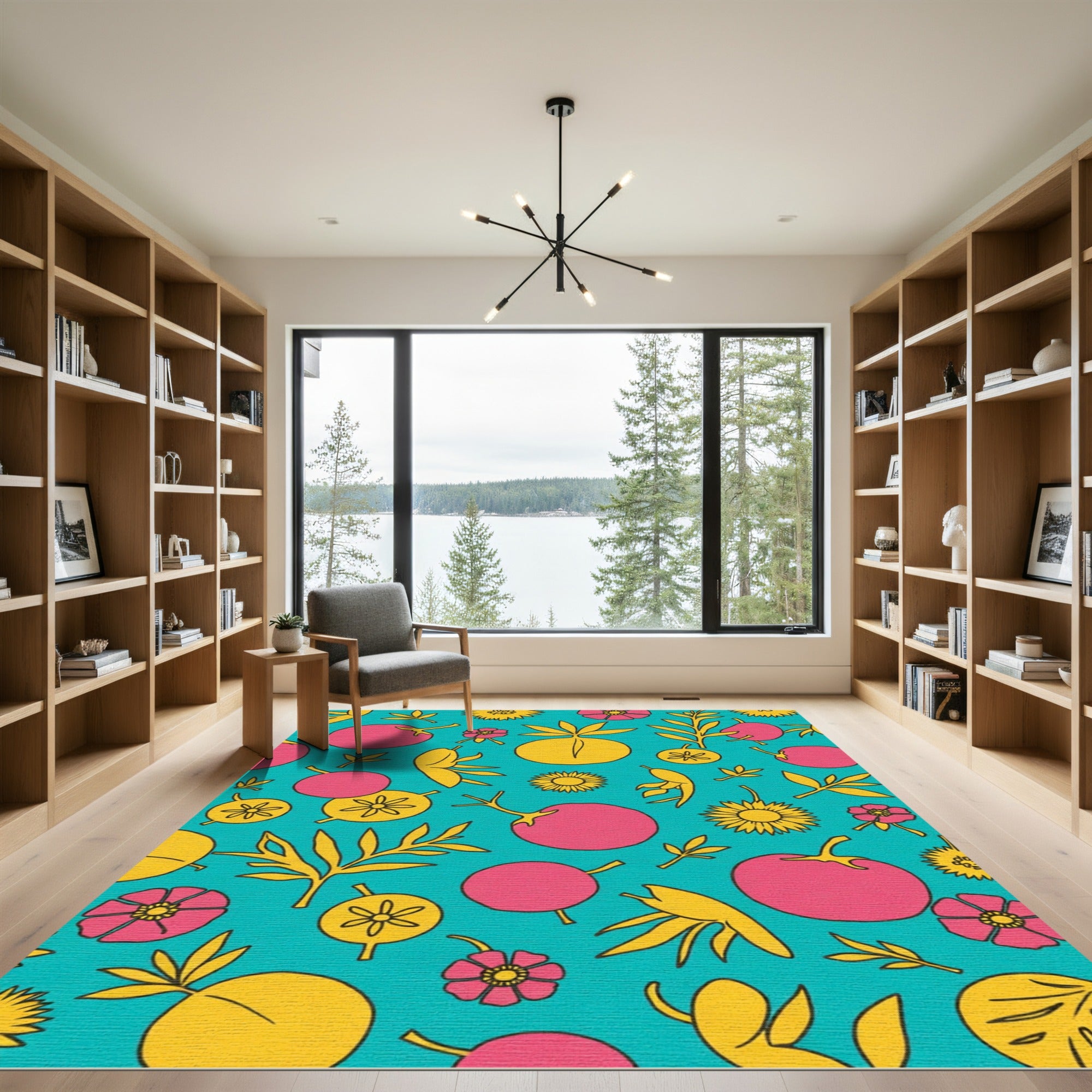 Pink Yellow Floral Aqua Background Rug