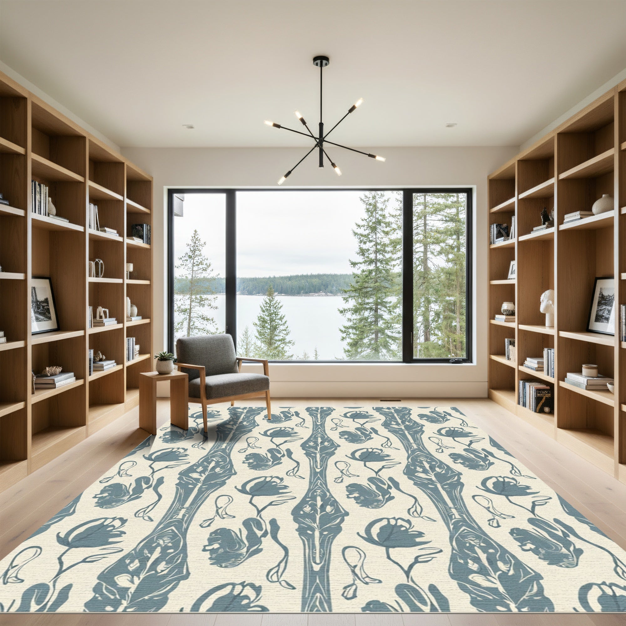 Blue Perennial Floral Vertical Stripe Rug