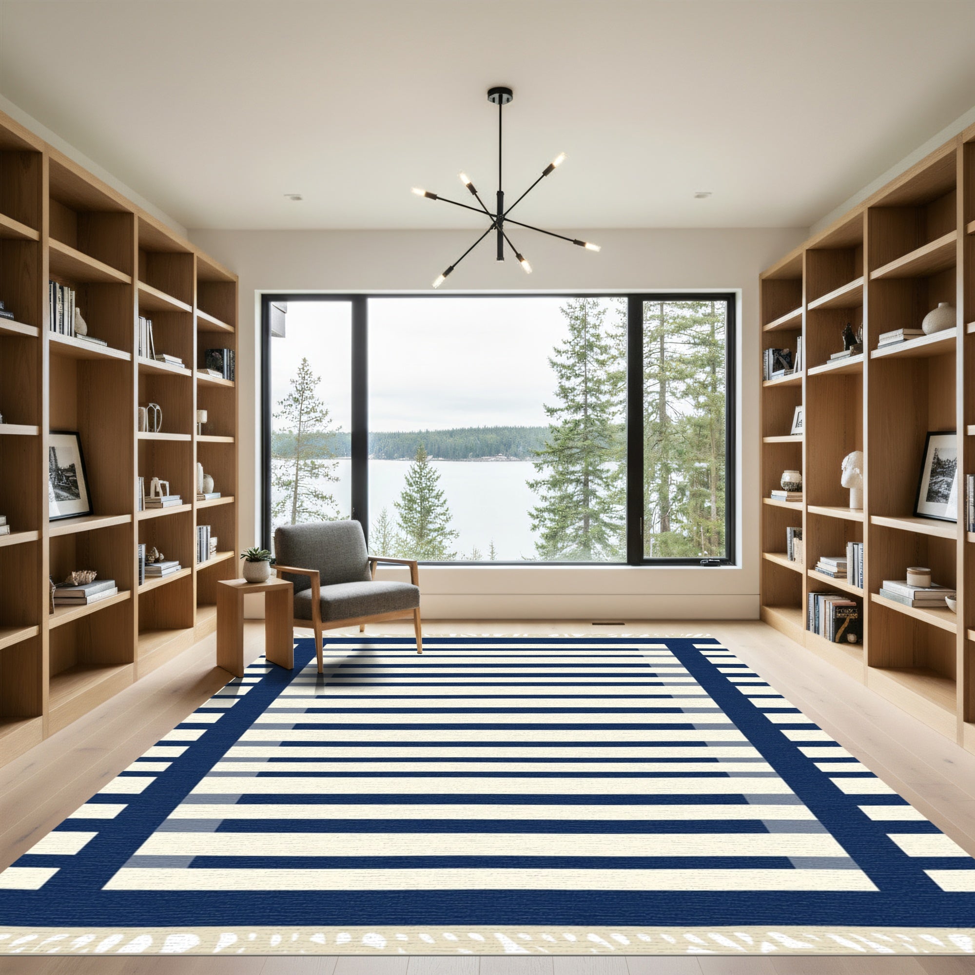 Navy Cream Striped Border Rug