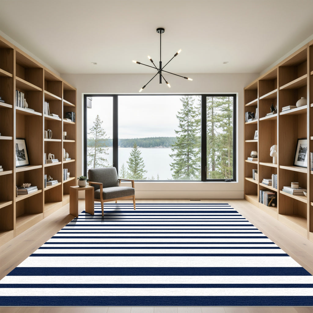 Deep Blue White Horizon Stripes Rug