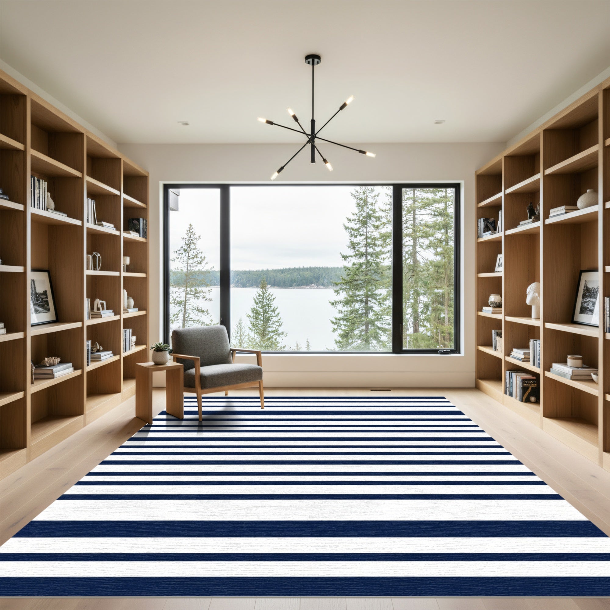 Deep Blue White Horizon Stripes Rug
