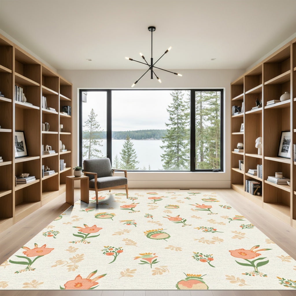 Coral Orange Botanical Floral Arrangement Rug