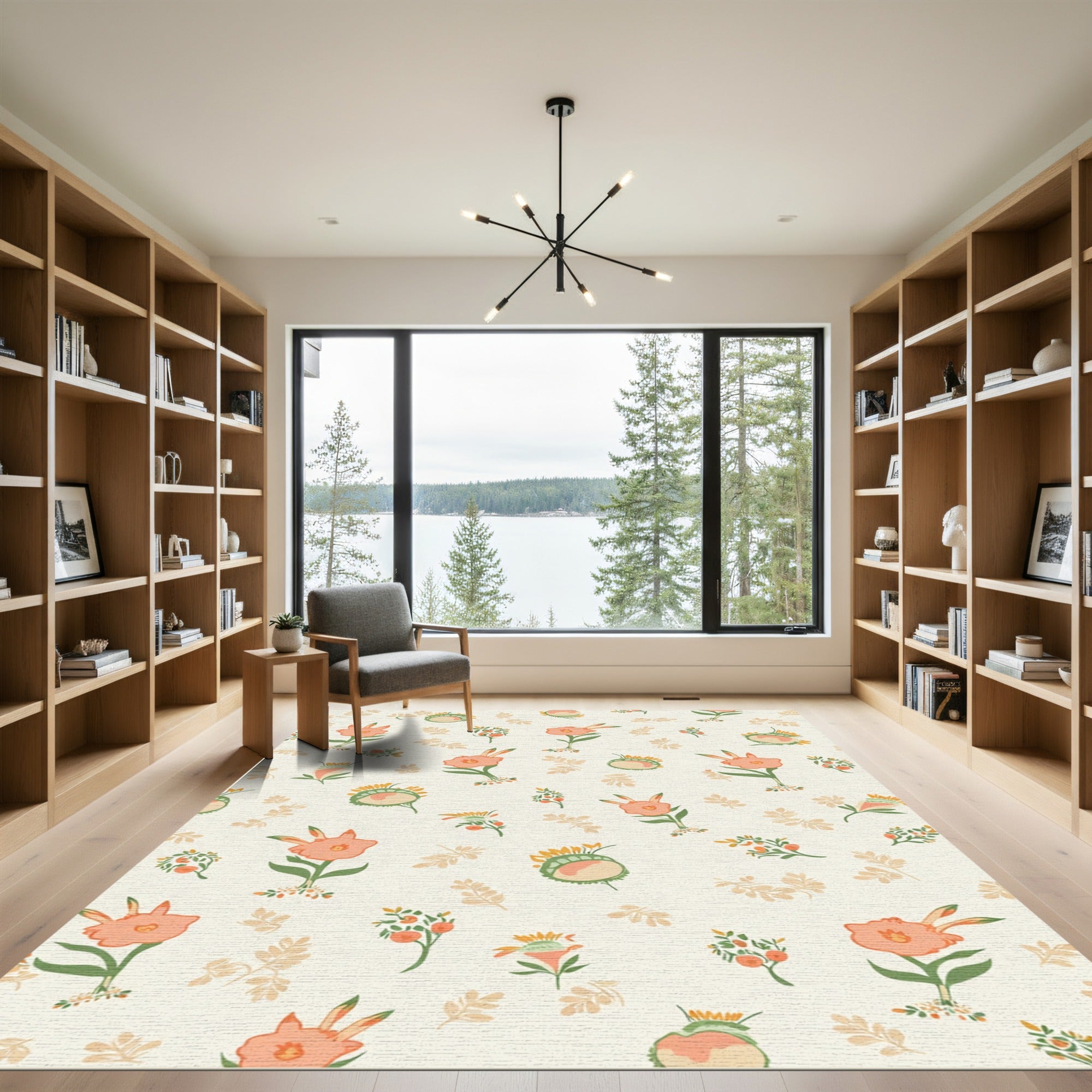 Coral Orange Botanical Floral Arrangement Rug