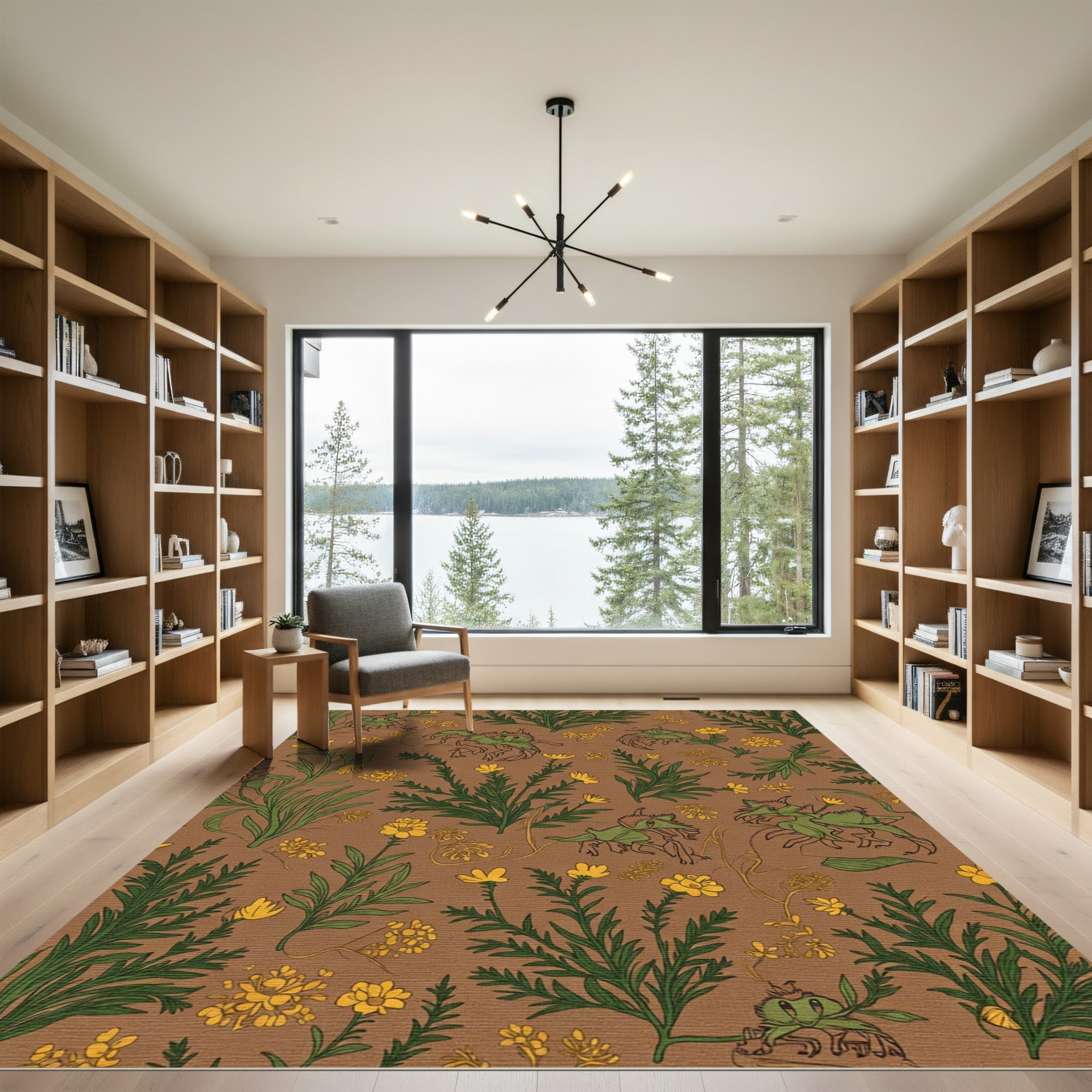 Whimsical Green Critter Yellow Floral Field Rug