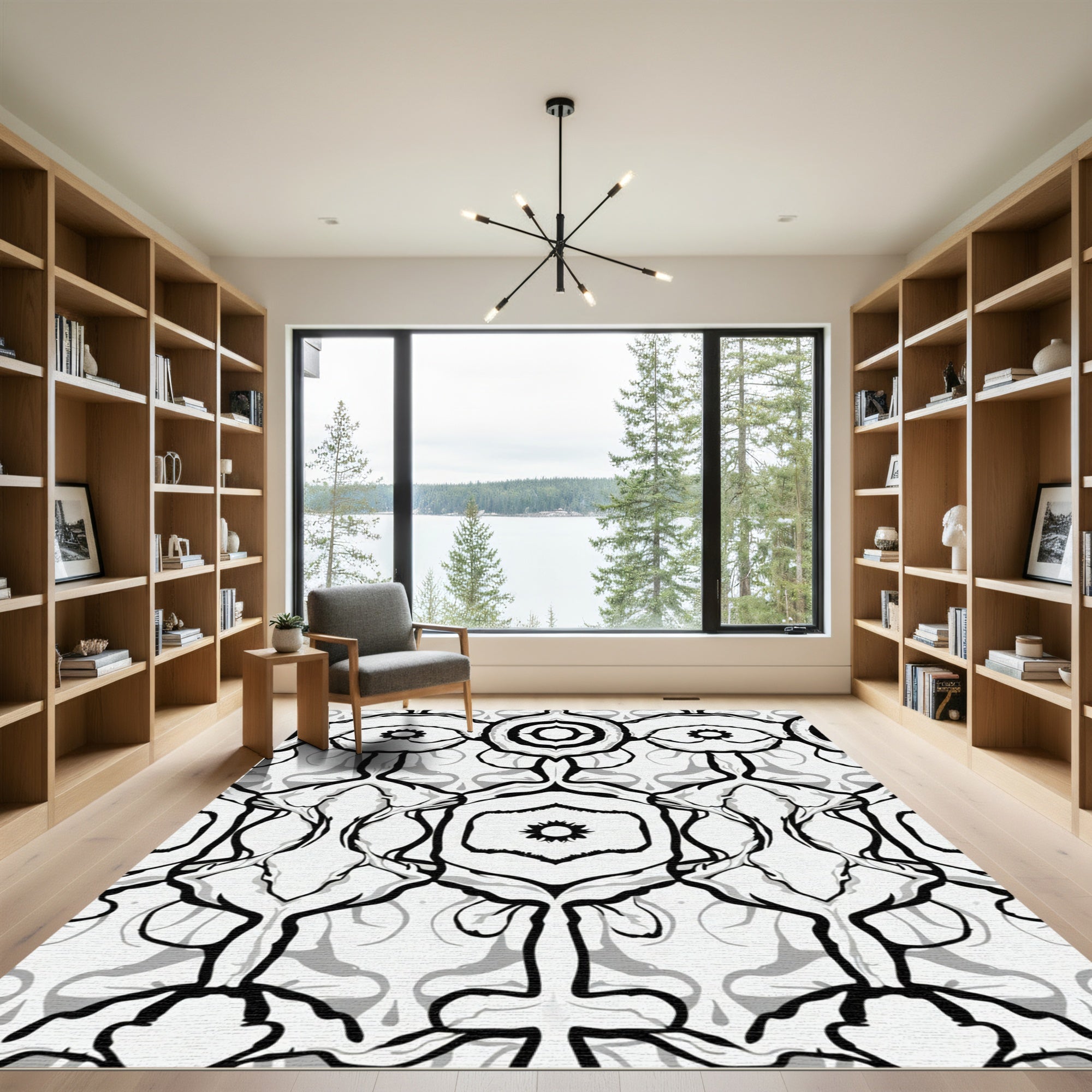 Monochromatic Symmetrical Floral Art Rug
