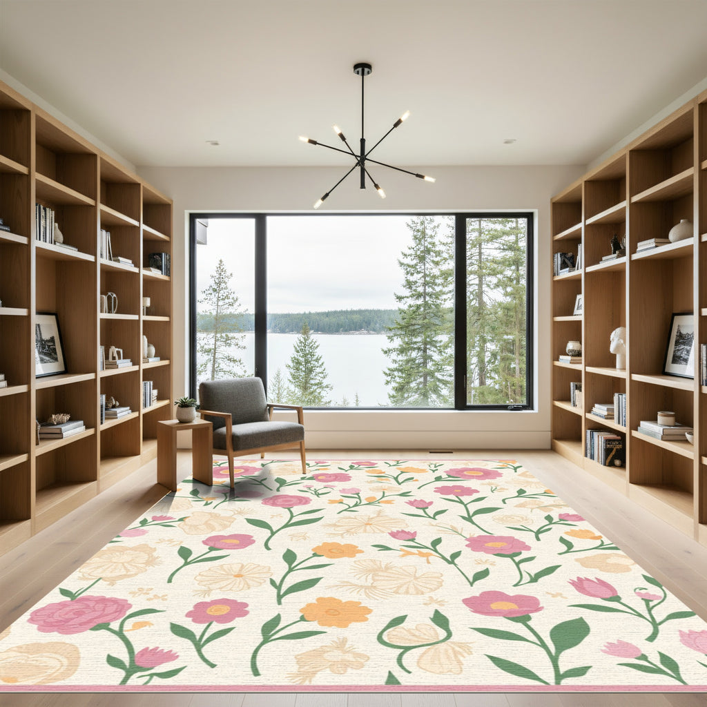 Pink Yellow Cream Floral Garden Bloom Rug