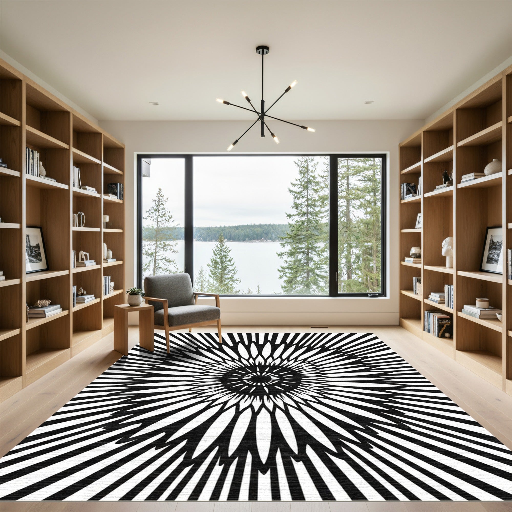 Black White Radial Blossom Rug