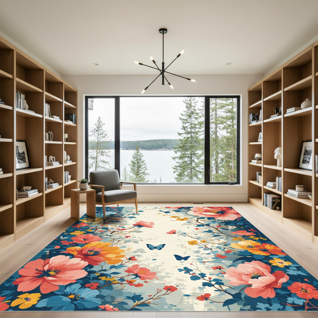 Vibrant Blush Coral Floral Butterfly Meadow Rug