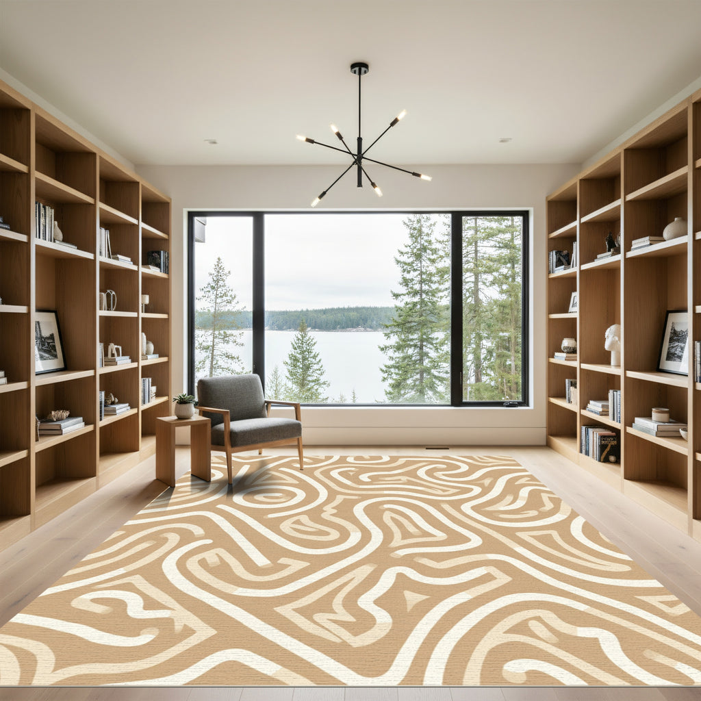 Earthy Cream Abstract Maze Swirls Rug