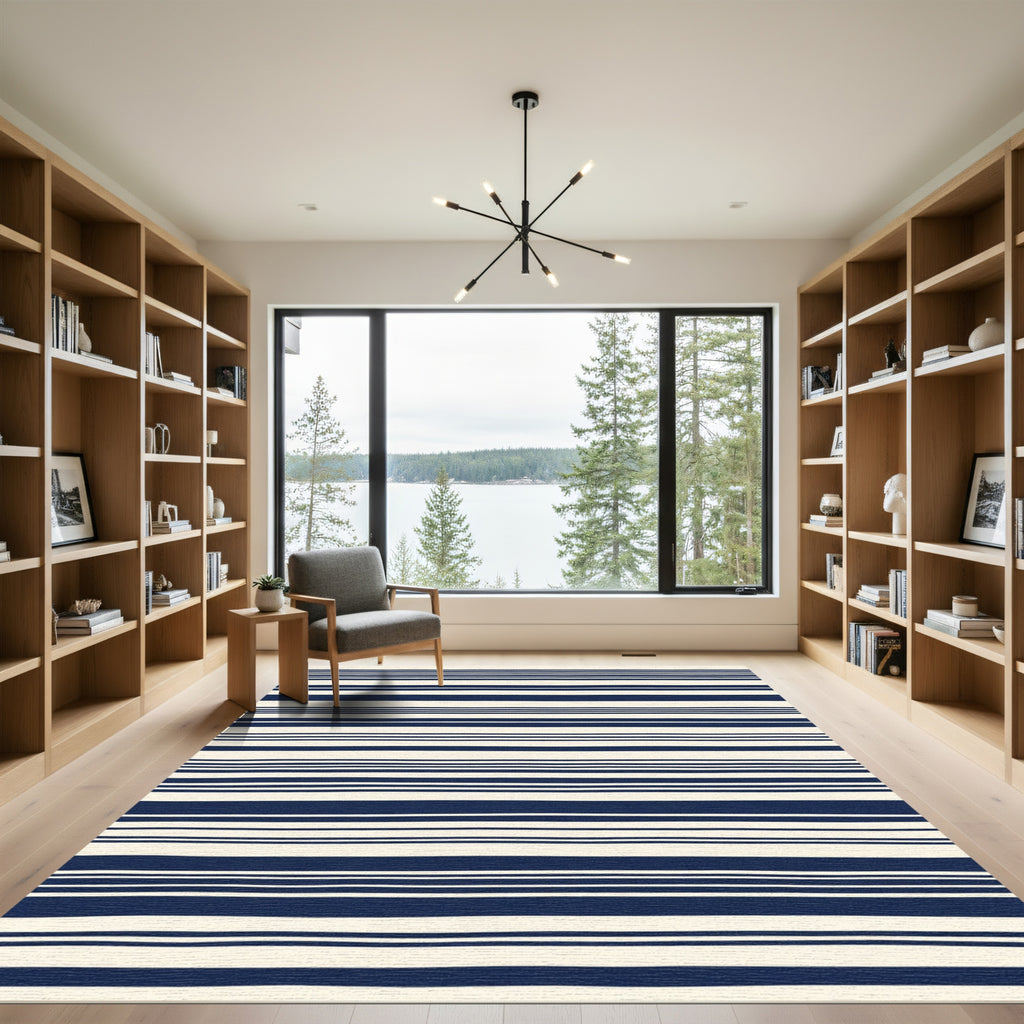 Cream Navy Linear Bands Rug