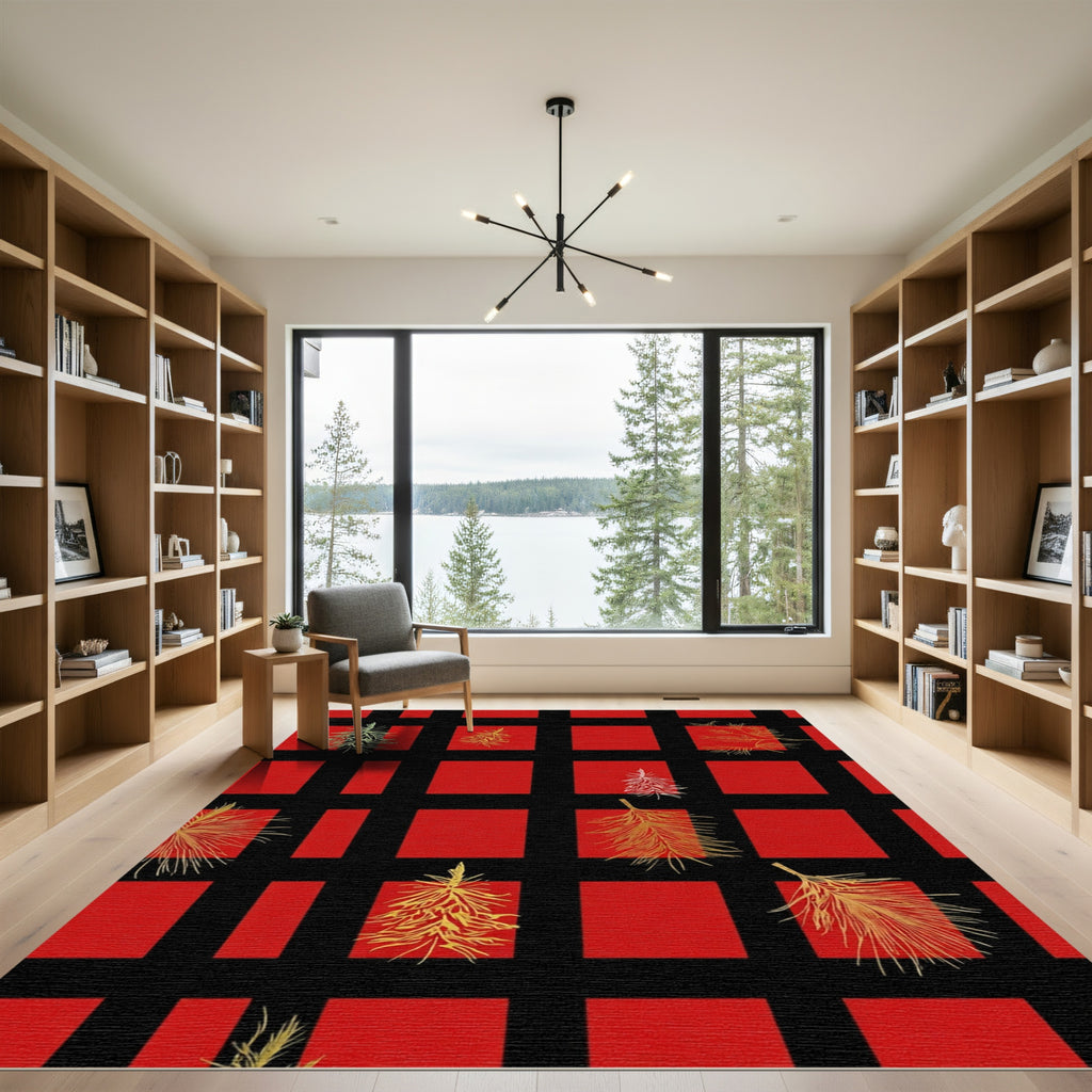 Red Black Gingham Pine Sprigs Rug
