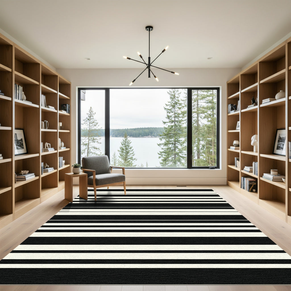 Bold Black White Stripe Texture Rug