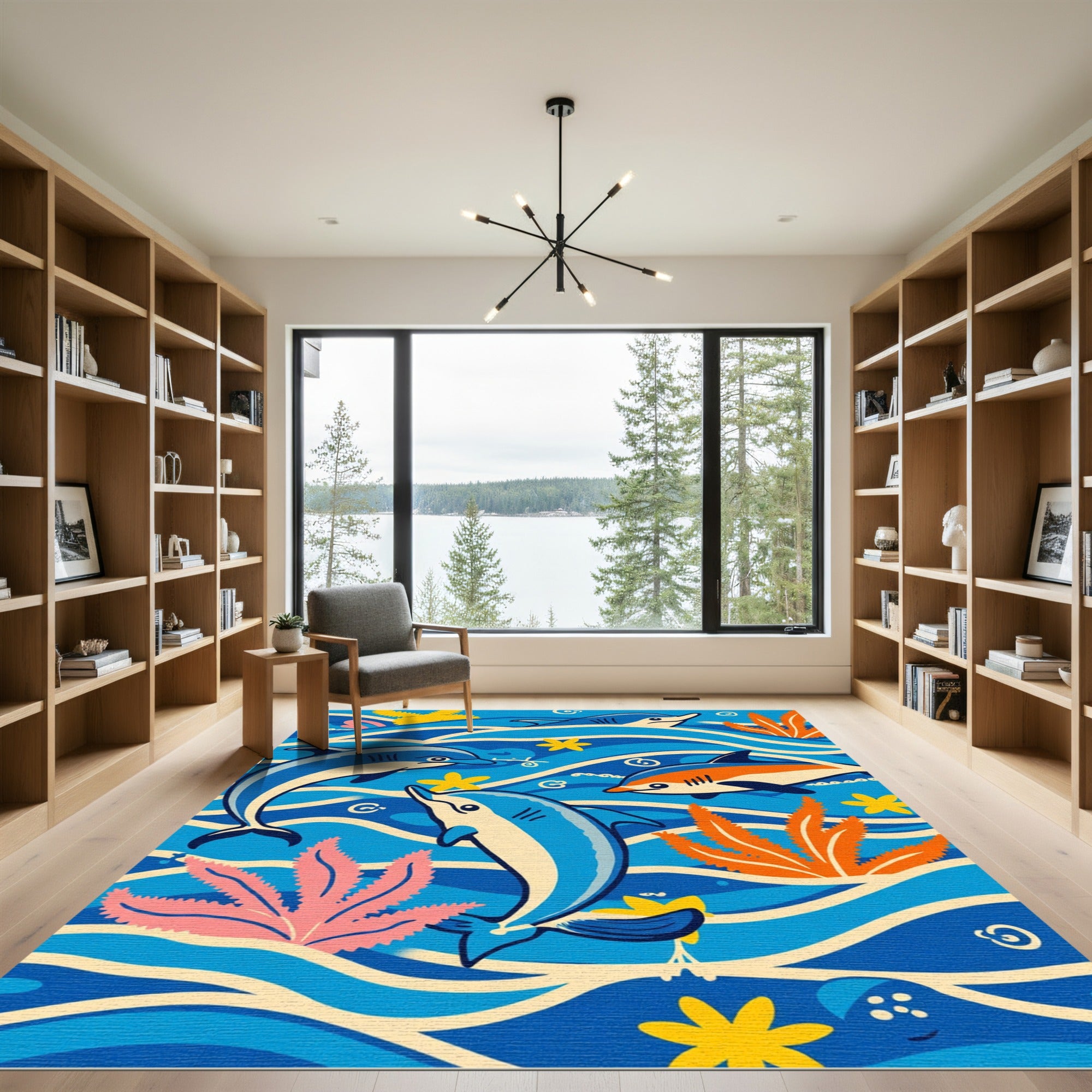 Playful Blue Dolphin Summer Wave Scene Rug
