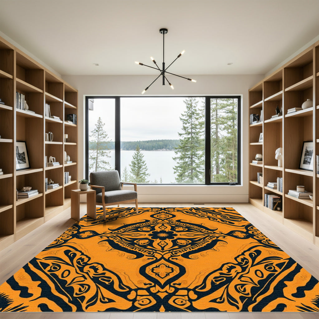 Orange and Black Paisley Floral Medallion Rug