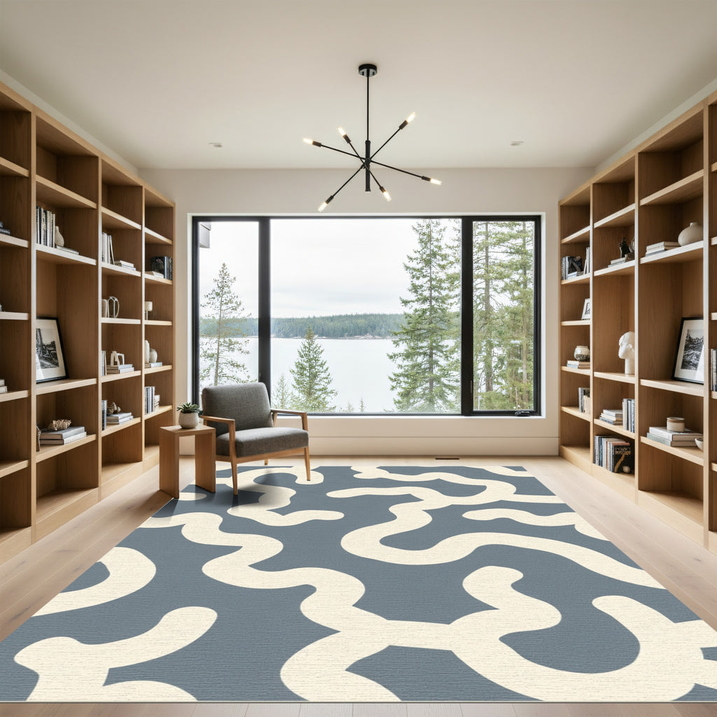 Modern Cream Abstract Swirl Blue Rug