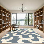 Modern Cream Abstract Swirl Blue Rug