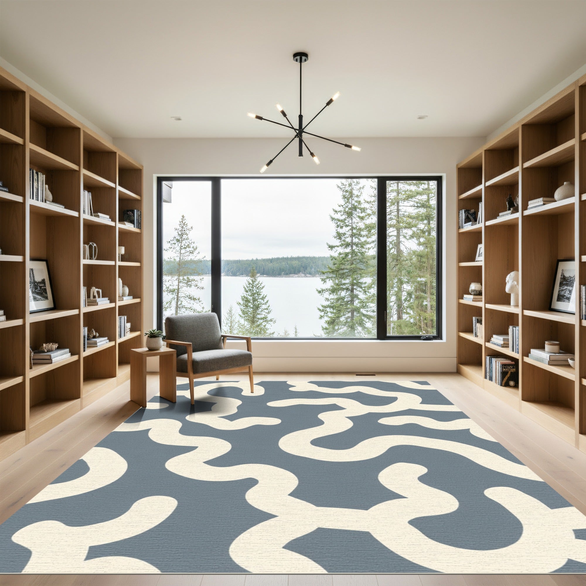Modern Cream Abstract Swirl Blue Rug