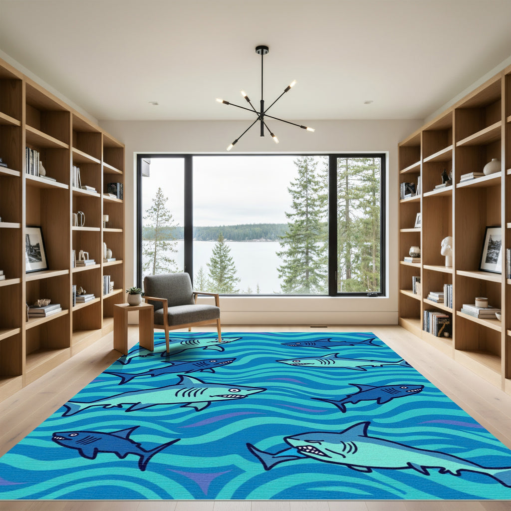 Blue Teal Sharks Ocean Waves Rug