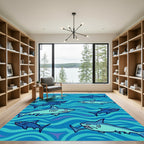 Blue Teal Sharks Ocean Waves Rug