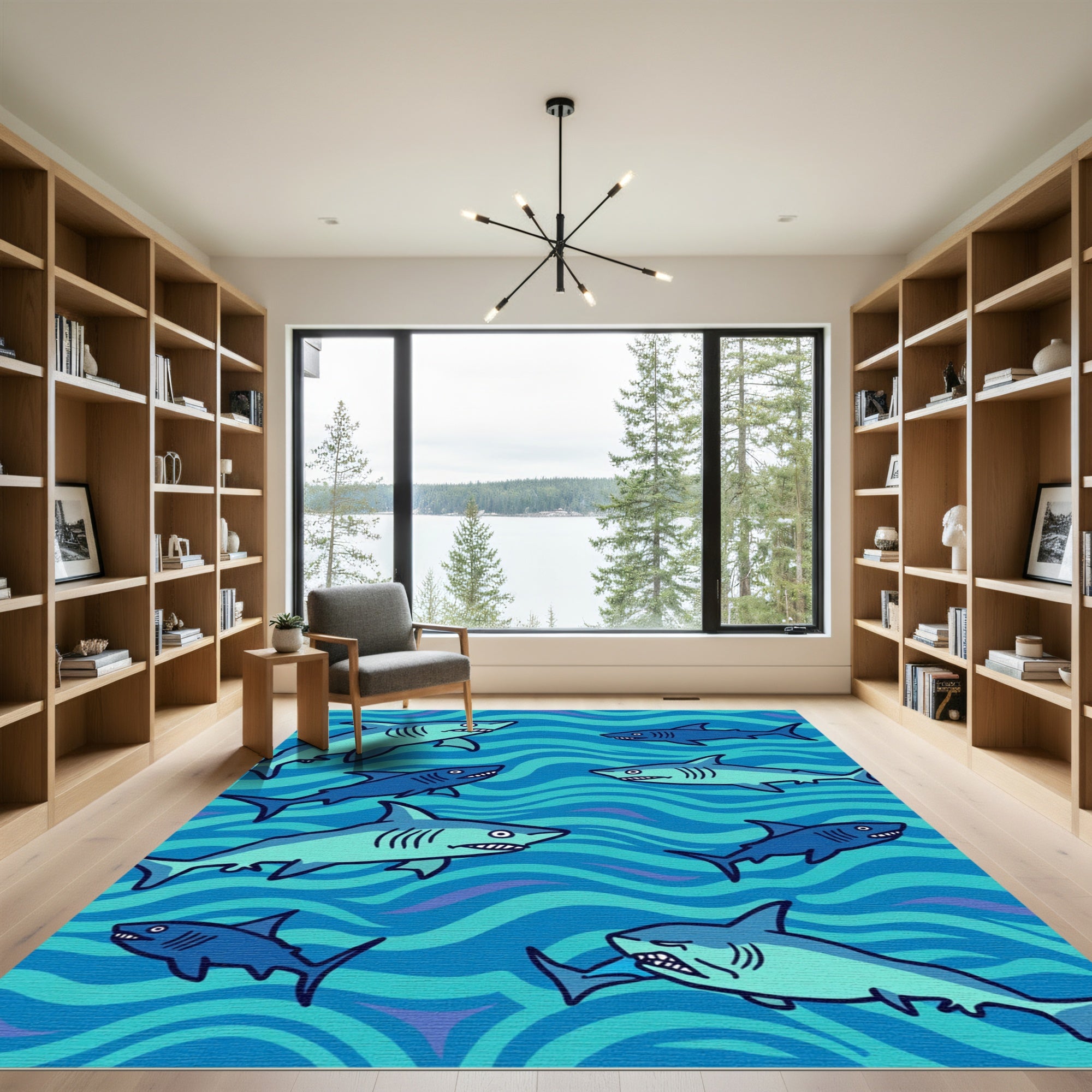 Blue Teal Sharks Ocean Waves Rug