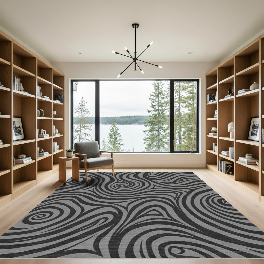 Dark Gray Abstract Swirl Fibers Rug