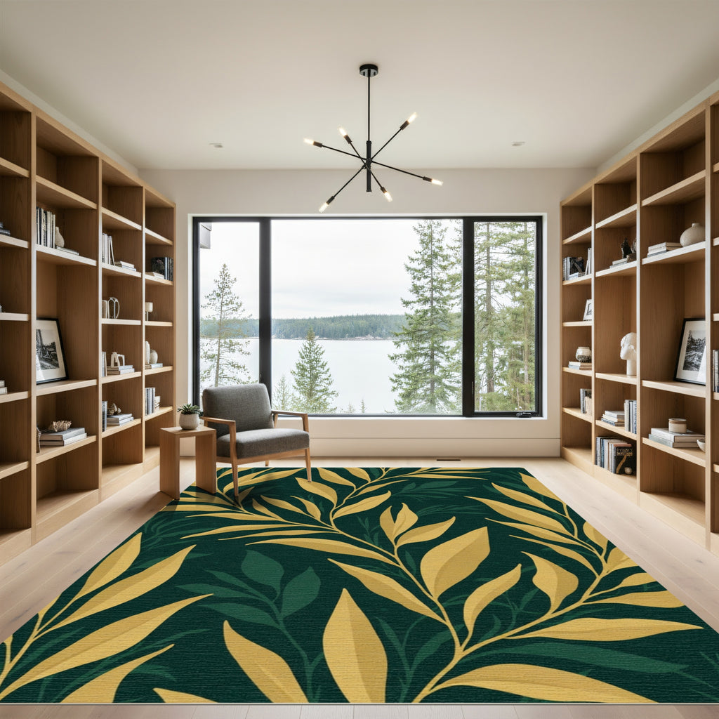 Golden Leaf Branches Emerald Background Rug