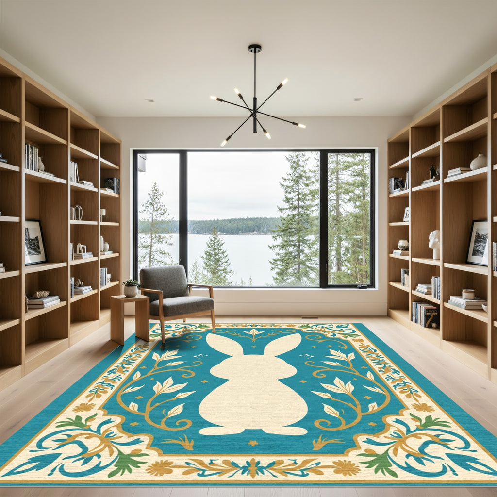 Aqua Bunny Floral Whimsical Garden Rug