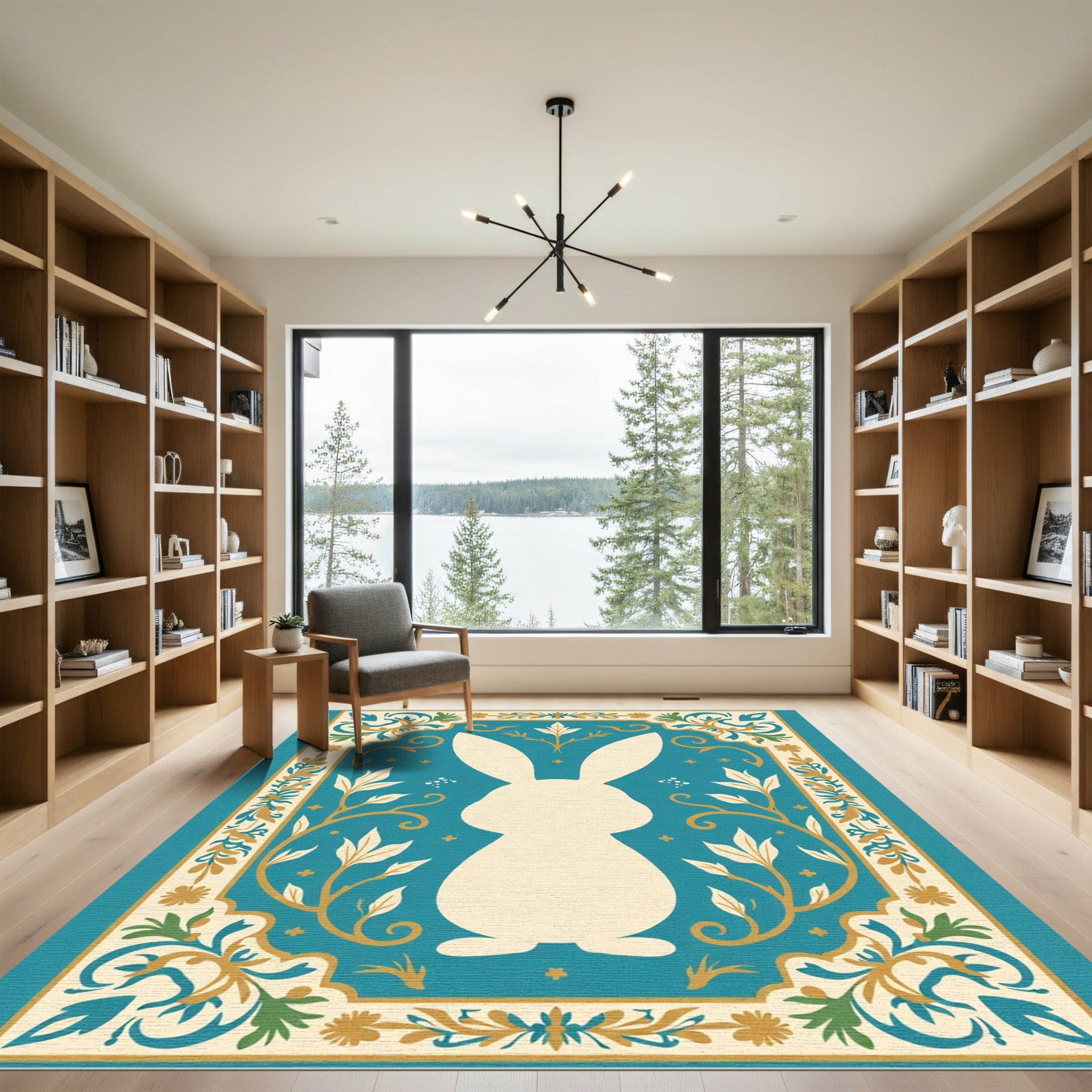 Aqua Bunny Floral Whimsical Garden Rug