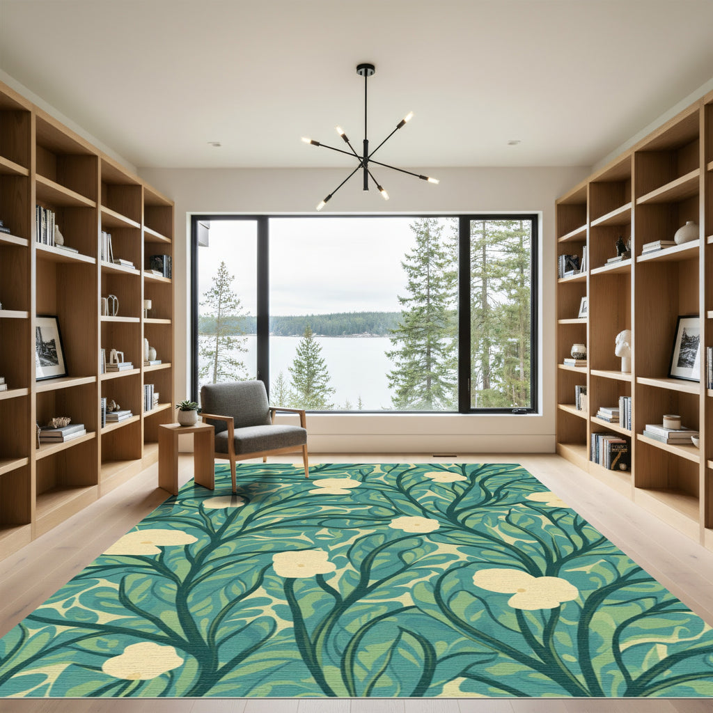 Lush Teal Cream Floral Vines Rug