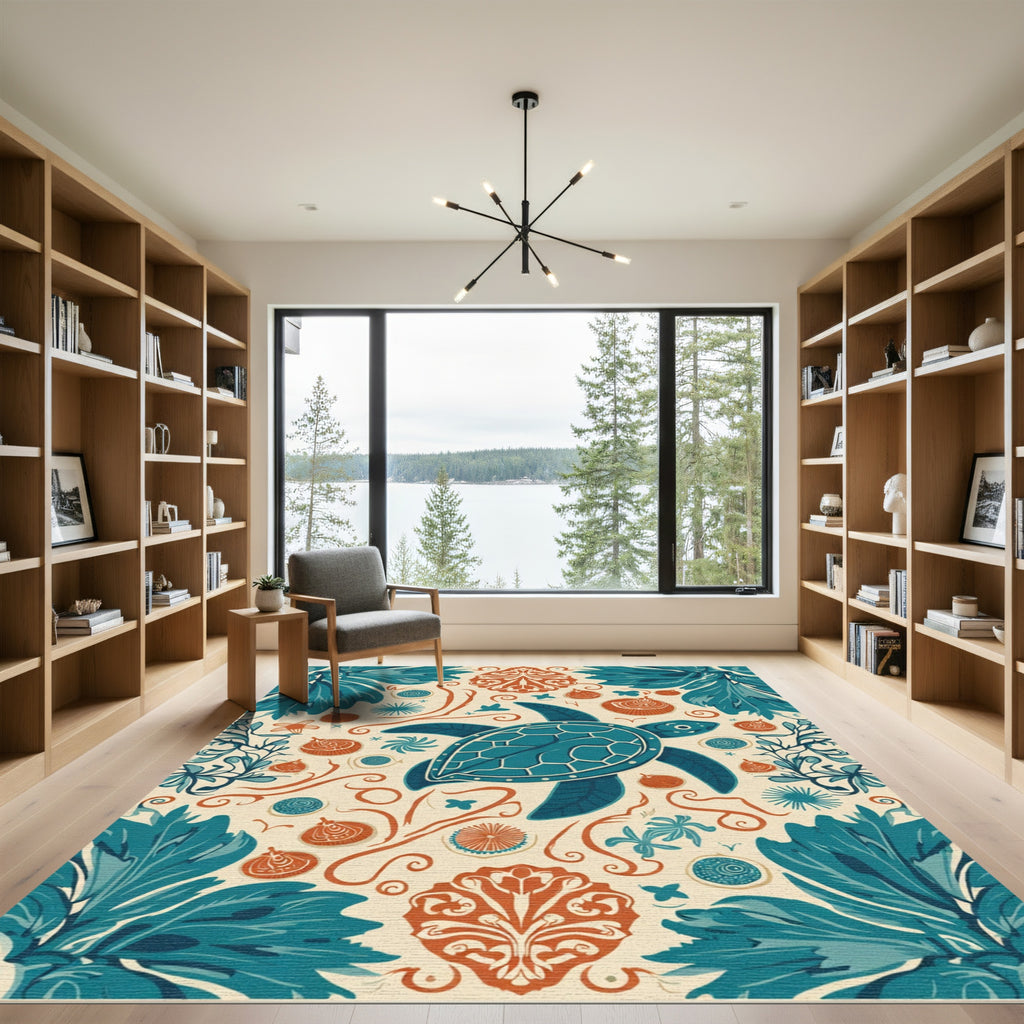 Deep Teal Turtle Shell Coastal Folk Art Rug