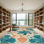 Deep Teal Turtle Shell Coastal Folk Art Rug