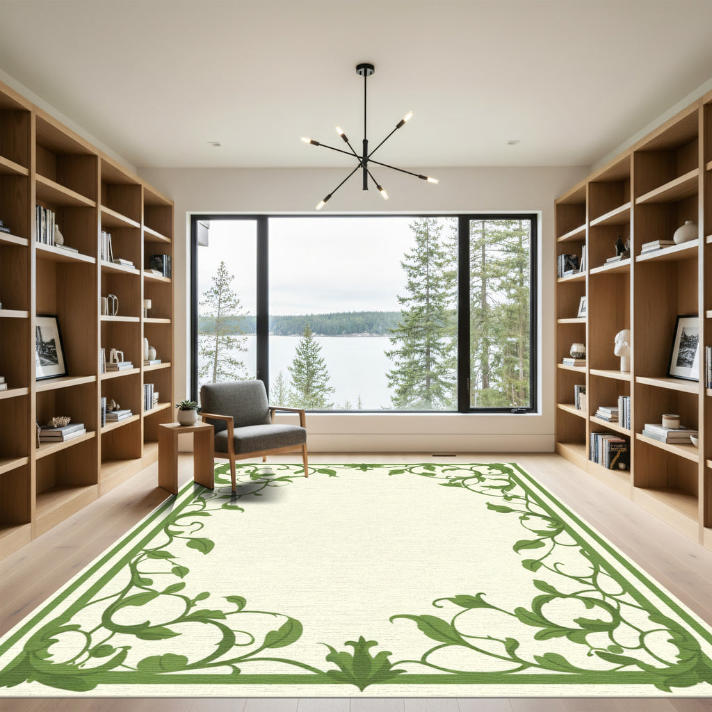 Green Vine Embrace Floral Border Rug