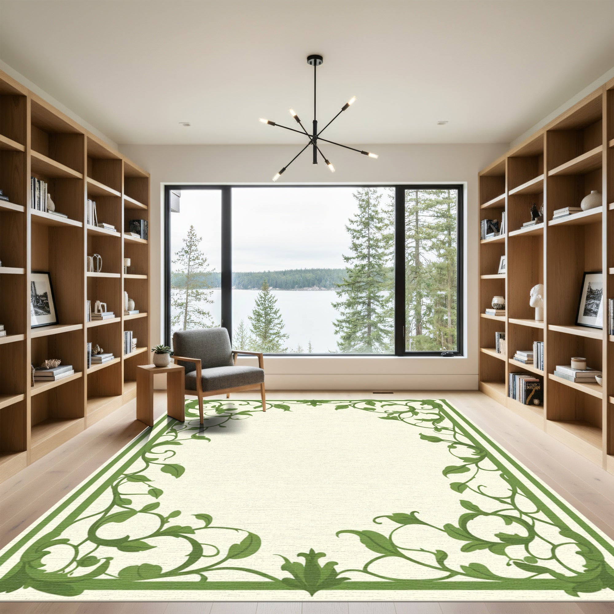 Green Vine Embrace Floral Border Rug