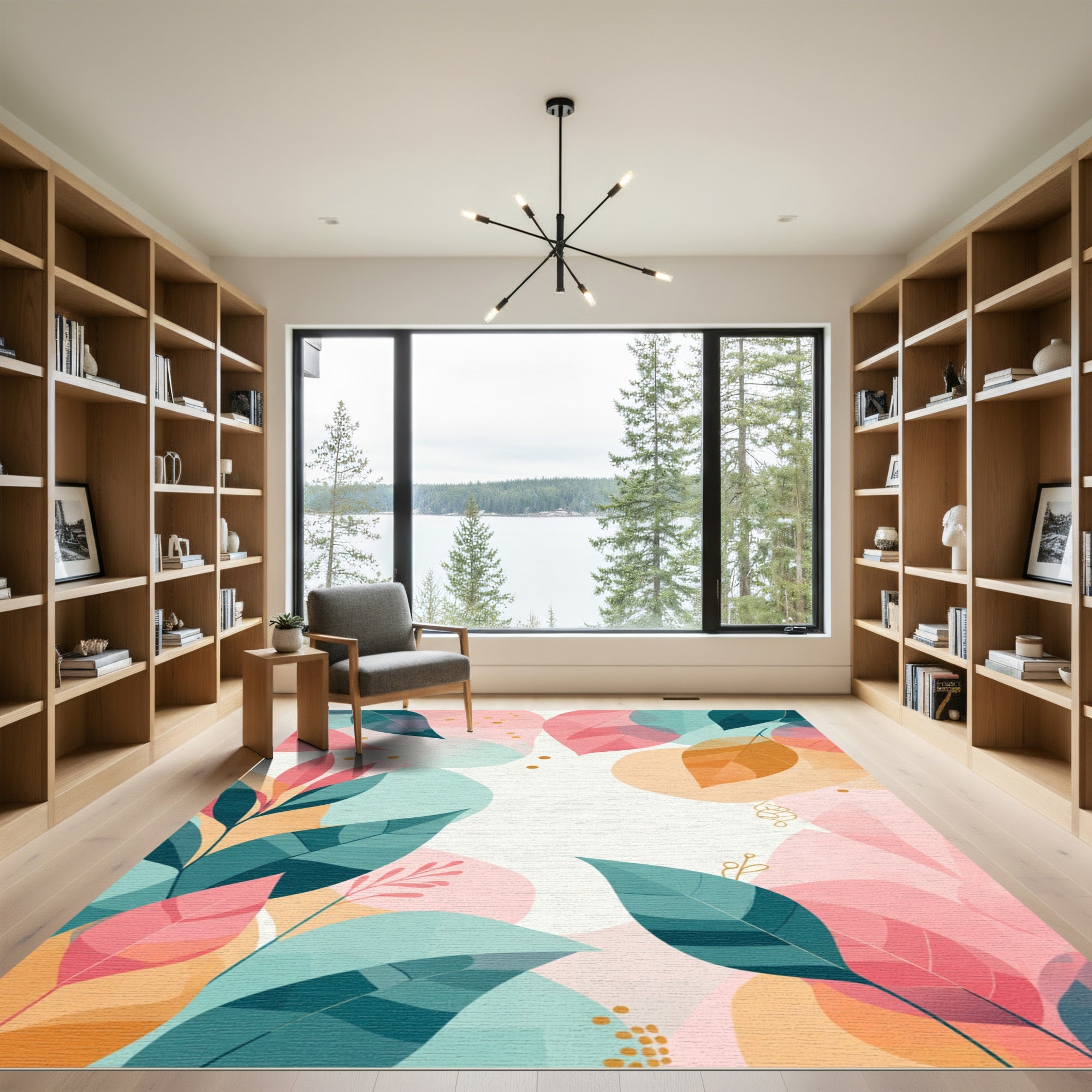 Teal Pink Golden Leafy Garden Rug