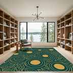 Deep Teal Gold Swirl Floral Abstract Rug