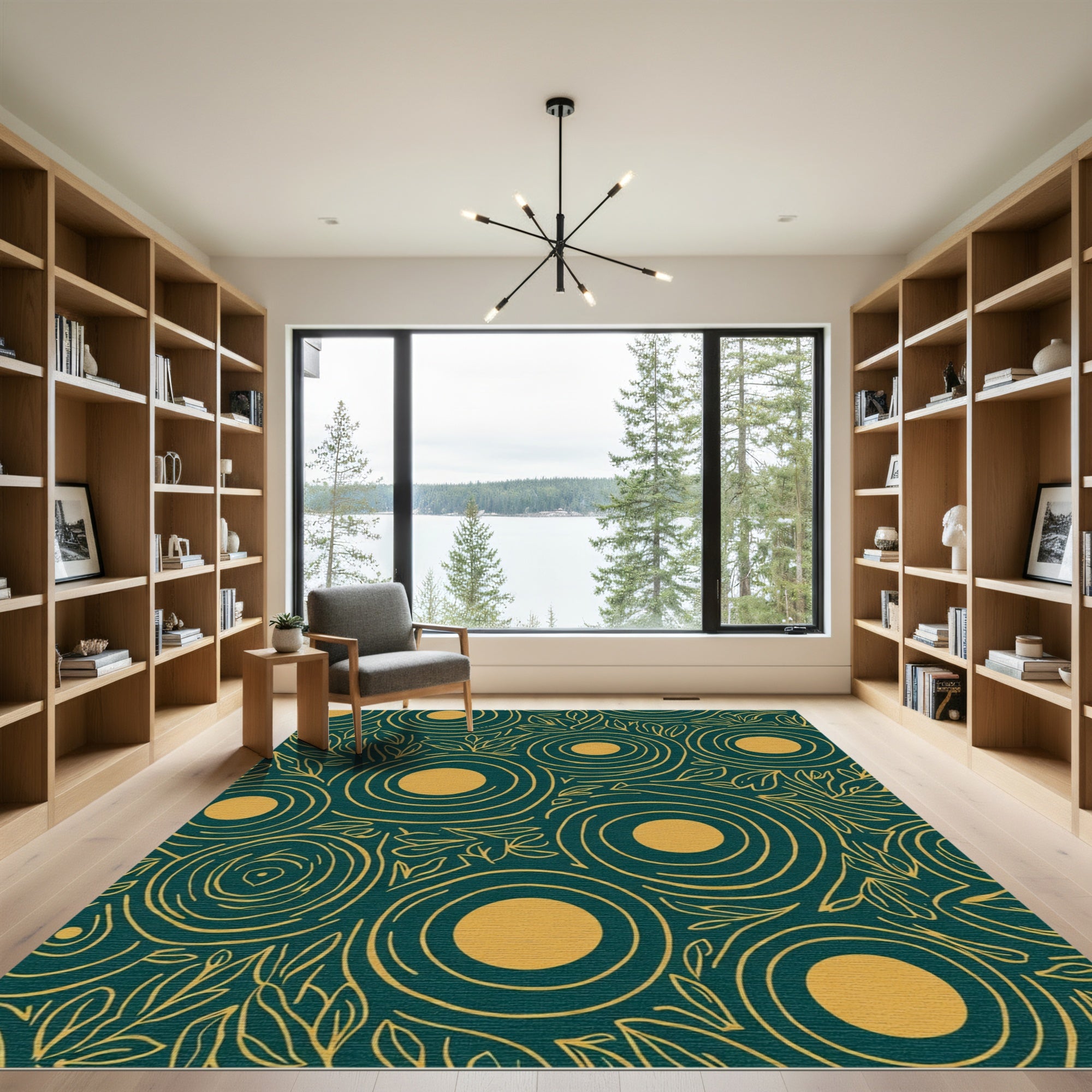 Deep Teal Gold Swirl Floral Abstract Rug
